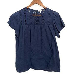 Ella Moss Women's Blue Gauze Eyelet Short Sleeve Bohemian Peasant Blouse Small